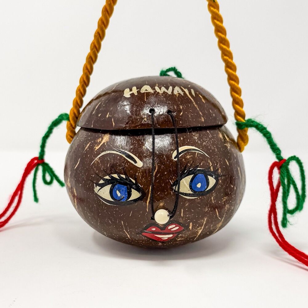 Vtg Hand painted Hawaii Coconut Painted Cute Girl Purse Handbag Pigtails Lined